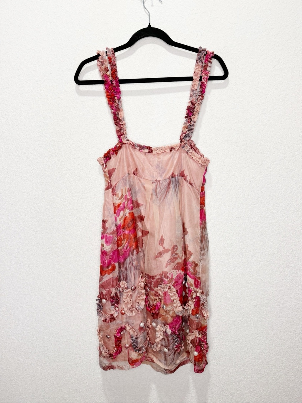 Yoana Baraschi Y2K Vintage Silk Babydoll Ruffle Pearl Floral Dress Anthropologie - Picture 7 of 9